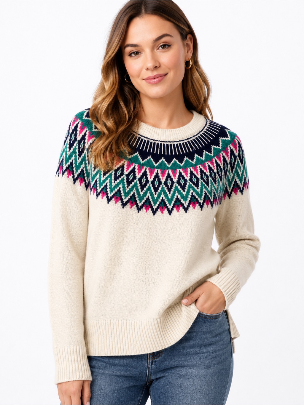 Cream Fair Isle Yoke Sweater - Women's Cozy Knit - 0820